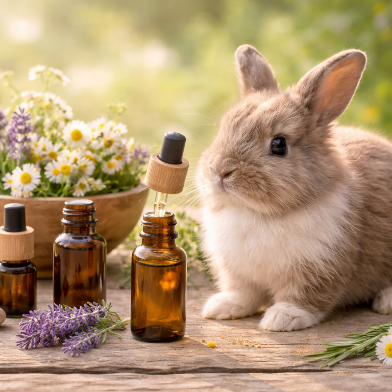Aromatherapie für Tiere Kaninchen neben ätherischen Ölen als Beispiel für naturheilkundliche Aromatherapie in der Tierheilpraxis