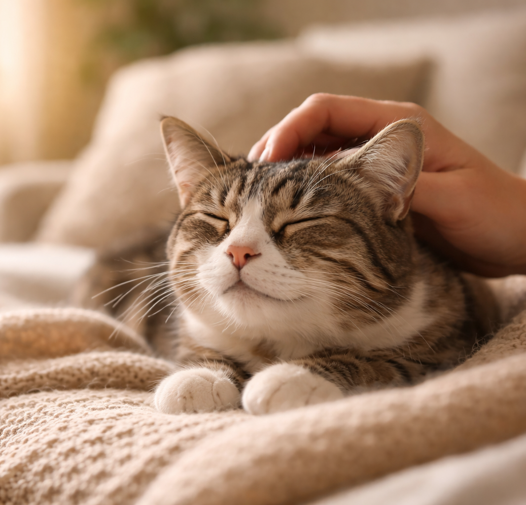 Liebevolle Betreuung in vertrauter Umgebung Katze wird sanft gestreichelt als Symbol für liebevolles Tiersitting und stressfreie Betreuung im eigenen Zuhause