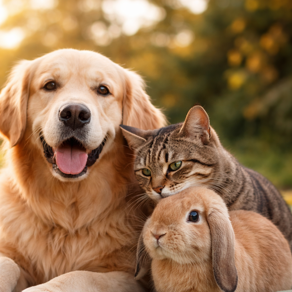 Ganzheitliche Tierheilpraxis für alle Tiere Hund, Katze und Kaninchen als Symbol für ganzheitliche Tierheilpraxis und individuelle Behandlung verschiedener Tierarten