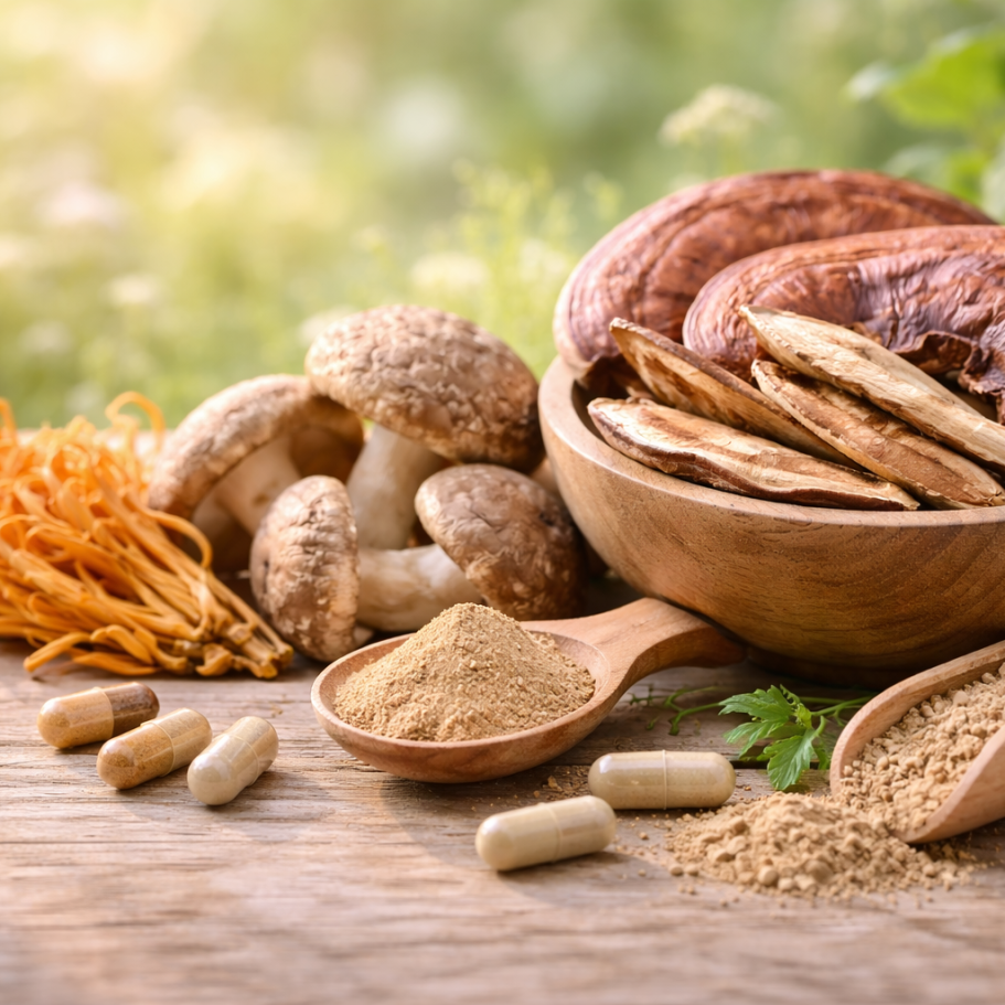 Mykotherapie mit Vitalpilze Verschiedene Vitalpilze und Pulver als Beispiel für Mykotherapie in der naturheilkundlichen Tierbehandlung