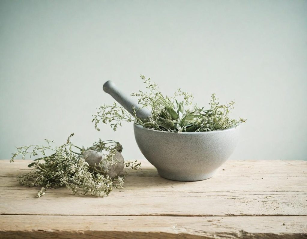 Natürliche Unterstützung durch ausgewählte Produkte Mörser mit frischen Kräutern als Symbol für naturbasierte Produkte und ganzheitliche Unterstützung