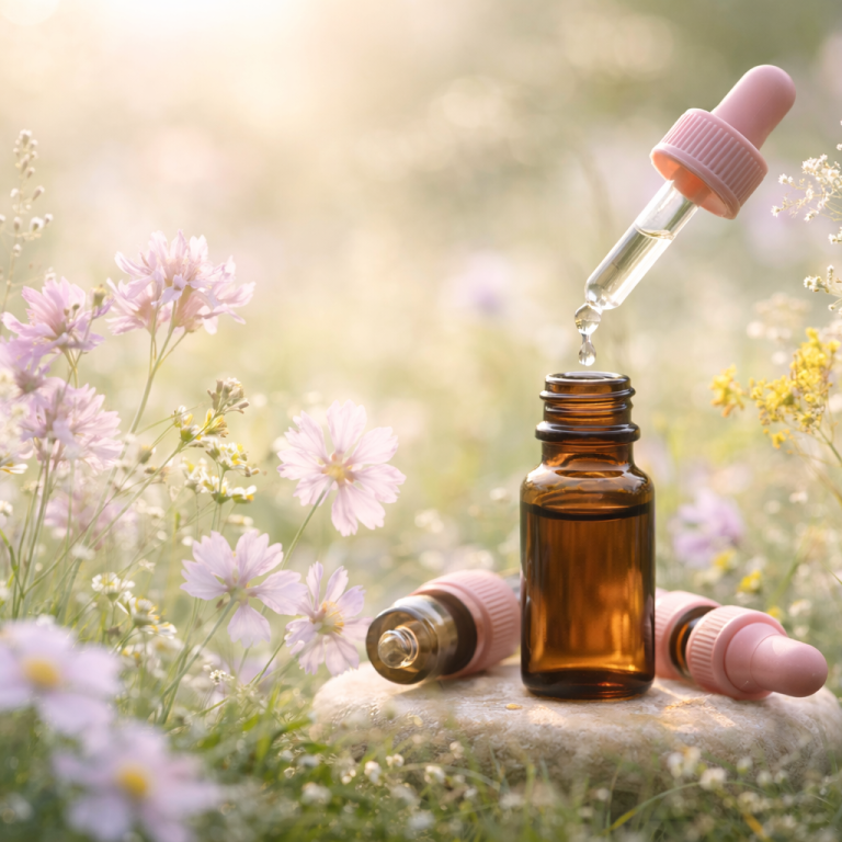 Bachblüten zur emotionalen Balance Bachblüten-Tropfen mit Blüten als Symbol für naturheilkundliche Unterstützung der emotionalen Balance bei Tieren